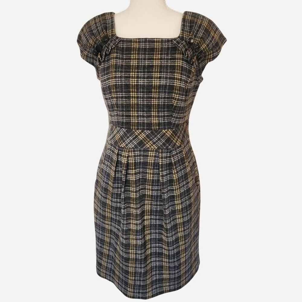 Nanette Lepore grey and yellow wool plaid dress with ruffle details